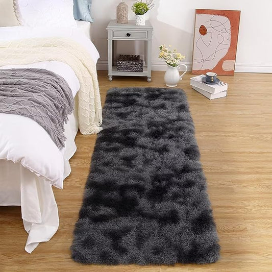 Fluffy Runner Rugs for Bedroom Living Room Soft Shag Rug 2x6 Feet Plush Shaggy Bedside Rug for Kids Girls Boys Room Non Slip Non Shedding Home Decor Mat for Nursery Dorm, Tie Dye Dark Grey