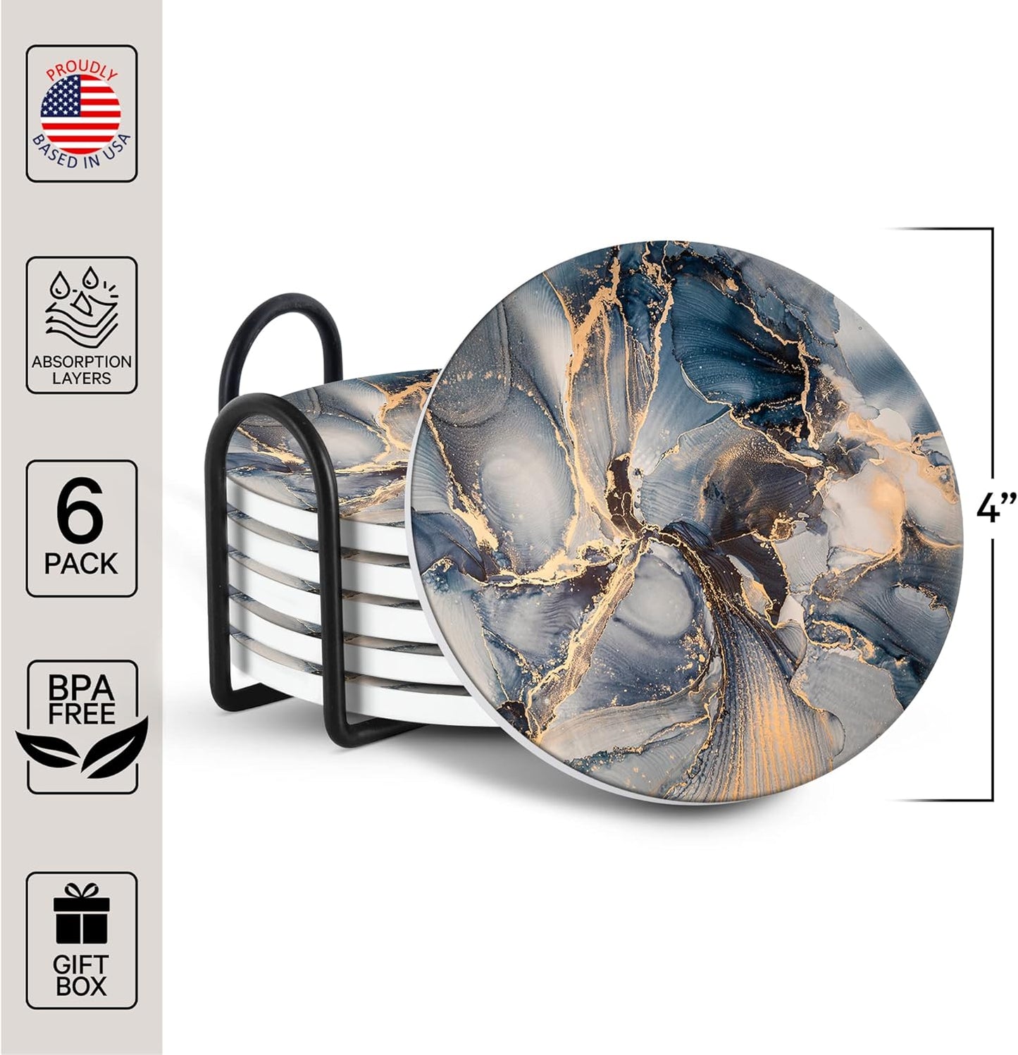 Emerson Coasters for Drinks Absorbent – Natural Stone Drink Coasters Set with Holder, Coasters for Coffee Table, Wooden Tabletop Protection Marble Style – 100% Heavy Duty Set of 6 (Atlas)