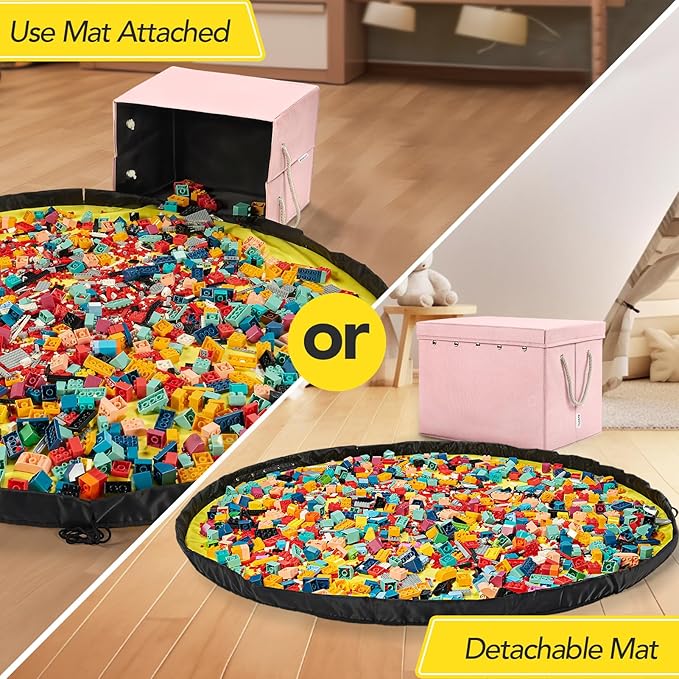 Toy Storage Organizer and Play Mat for Kids - Foldable Organizer Storage Bins with Lids - Detachable Mat Storage Bag Kids Toy Box for Boys, Girls, Nursery, Playroom, 11.6''x11.6''x15.5''(Pink)