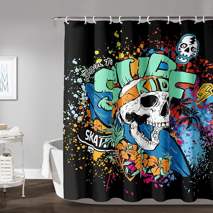 AILONEN Surf Skull Shower Curtain for Bathroom,Colorful Graffiti Flower Art Bathroom Curtain for Kids Boys Girls,Bath Curtain 72" W*96" H Polyester Waterproof Bathroom Curtain with 12 Hooks
