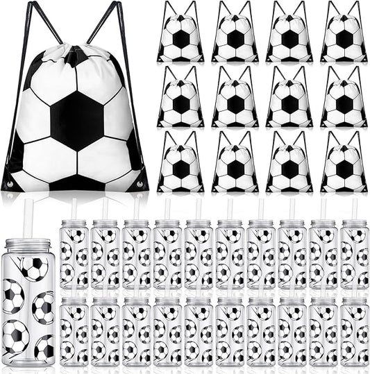 40 Pcs Soccer Party Favors 20 Pack Soccer Cups with Lid and Straw 14.2 oz Reusable Tumbler Clear Plastic Drinking Cups with 20 Pack Drawstring Bag for Birthday School Sport Decorations