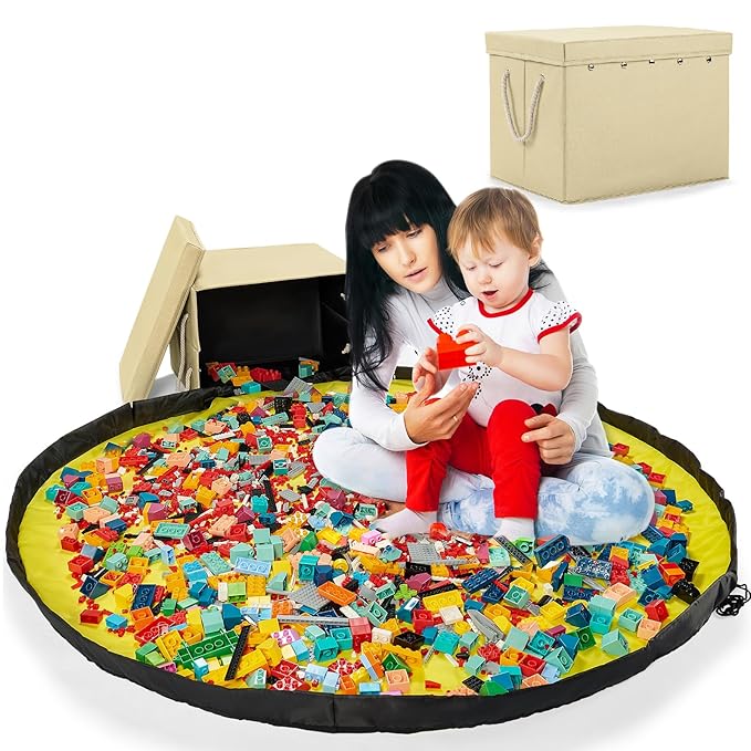 Toy Storage Box + Play Mat for Kids Toy Chest Organizer Kids Toy Storage Organizer Foldable Big Storage Bins with Lids Large Toy Box for Boys Girls Toy Holders for Kids Rooms Nursery (Beige)