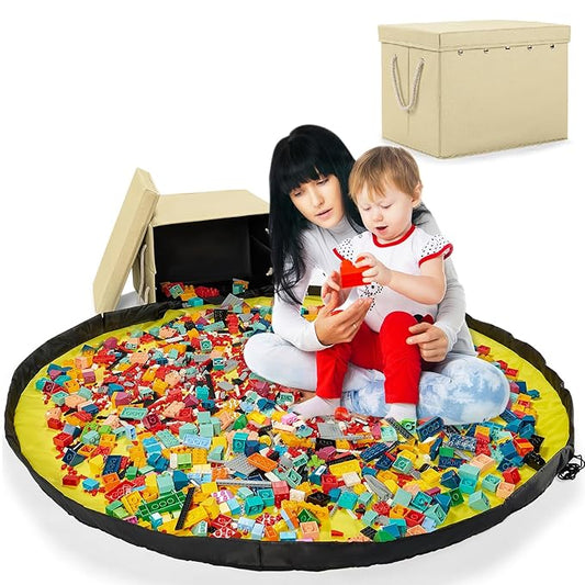 Toy Storage Box + Play Mat for Kids Toy Chest Organizer Kids Toy Storage Organizer Foldable Big Storage Bins with Lids Large Toy Box for Boys Girls Toy Holders for Kids Rooms Nursery (Beige)