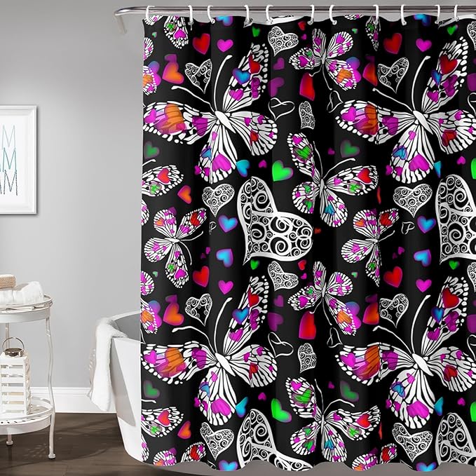AILONEN Colorful Butterfly Shower Curtain for Bathroom Decor,Beautiful Butterfly Bath Curtain for Kids Women Girls,Pint Polyester Waterproof with 12 Plastic Hooks 72" W*84" H