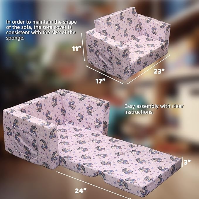 Kids Sofa, Children's 2 in 1 Convertible Relaxing Sofa to Lounger - Extra Soft Flip Open Chair & Sleeper, Cute Dinosaur Print Toddler Chairs Kids Couch for Kids Girls Boys, Polyester