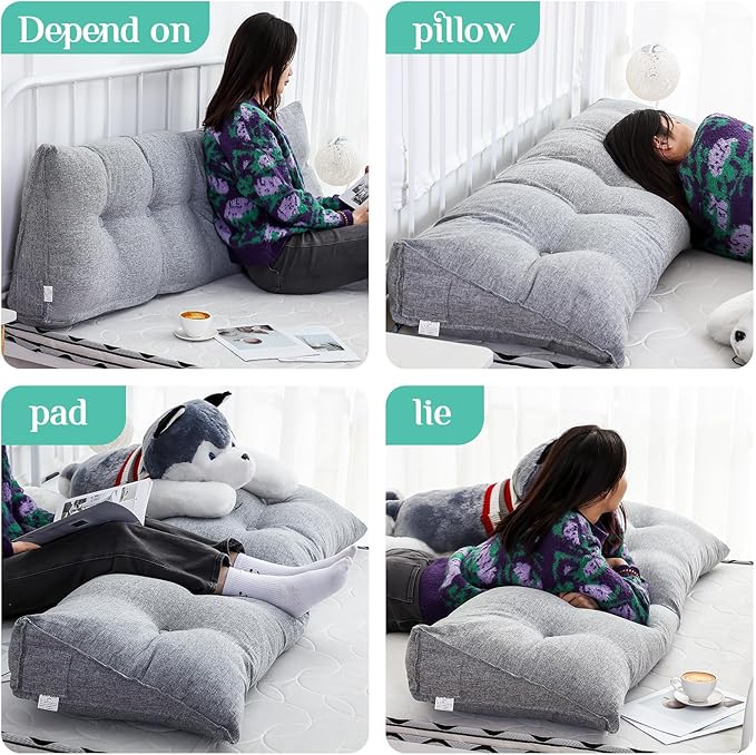Wenqik Wedge Pillow Triangular Dorm Headboard Bed Rest Reading Backrest Back Support Long Bolster Pillow with Removable Cover for Dorm Room Supplies(Gray,Queen (59 x 20 x 8 Inch))