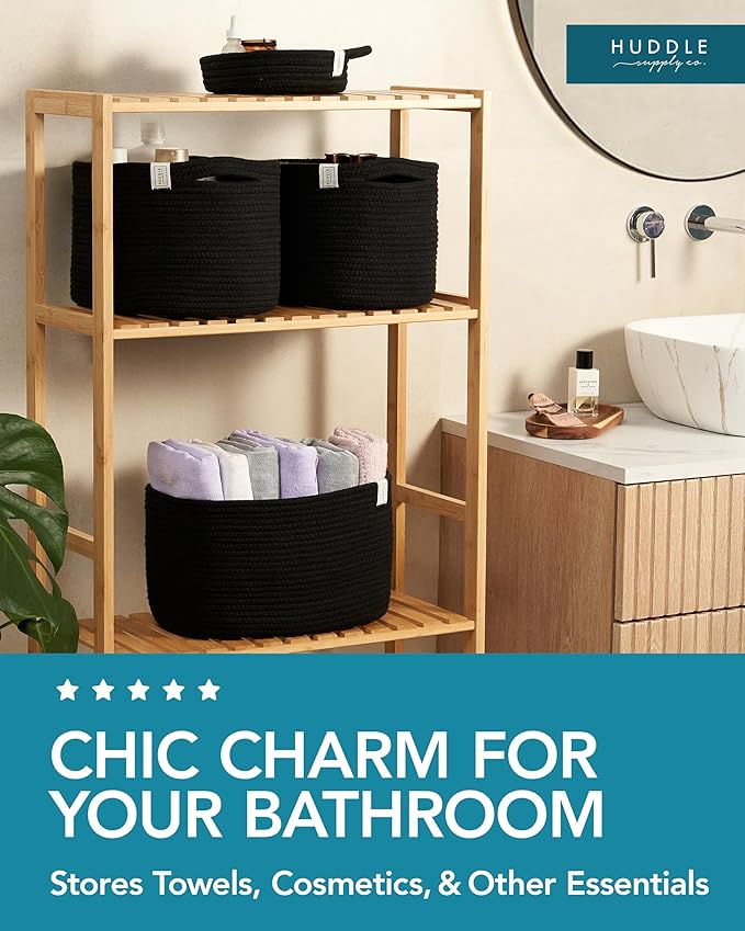 WASHABLE Woven Baskets for Storage Baskets for Shelves Large Cotton Rope Baskets for Organizing Decorative Storage Bins Bathroom, Shelves, Toys,Storage Cube Bins, Small Baskets for Organizing (Black)