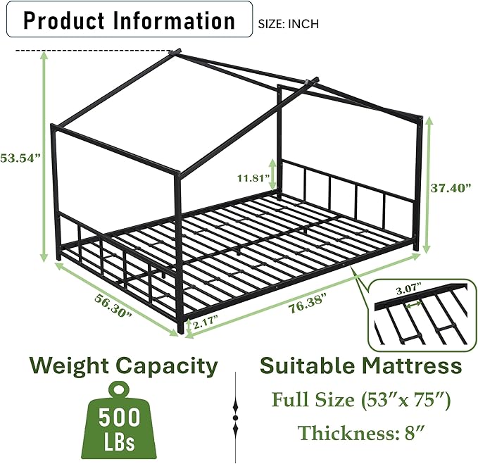 Full Size Montessori Floor Bed with Headboard and Footboard, Metal House Bed Frame with Soundproof Strip for Children, Toddlers, Boys, Girls Bedroom, Kids Playroom, No Box Spring Needed(Black)