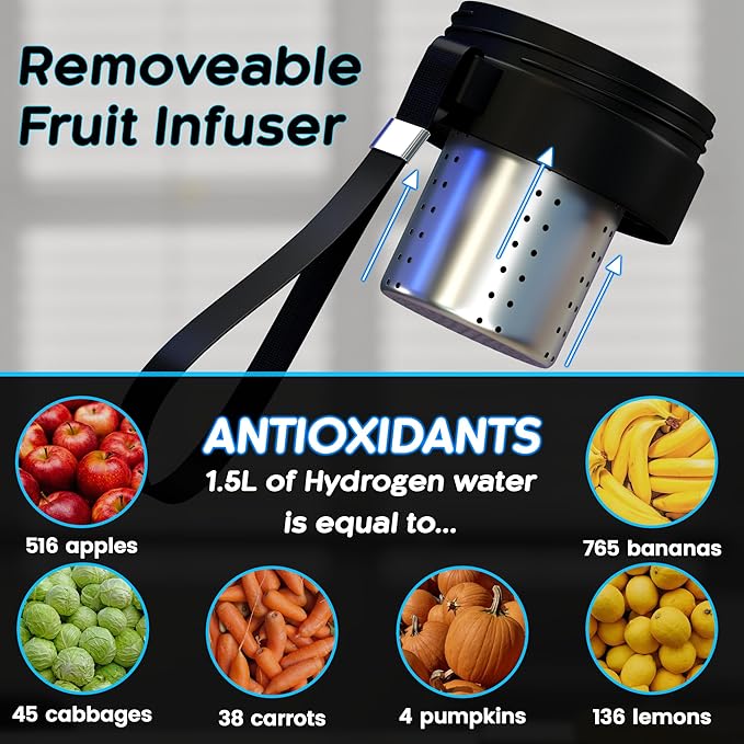 Hydrogen Water Bottle, Hydrogen Water Bottle Generator with Removable Strap and Infuser, 3 Minute Rapid Electrolysis, Portable for Daily Use - Black