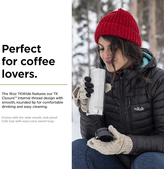 Klean Kanteen TKWide Insulated Coffee Tumbler with Café Cap - Stainless Steel Coffee Tumbler - 16 Oz, Brushed Stainless