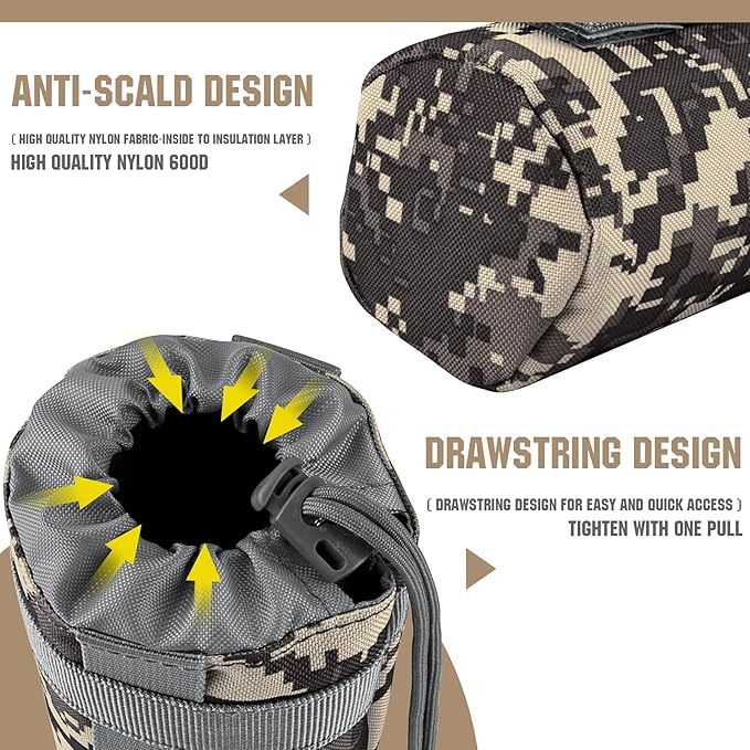 IronSeals Adjustable Tactical Water Bottle Pouch Foldable MOLLE Water Bottle Holder Drawstring Open Top Travel Water Bottle Bag