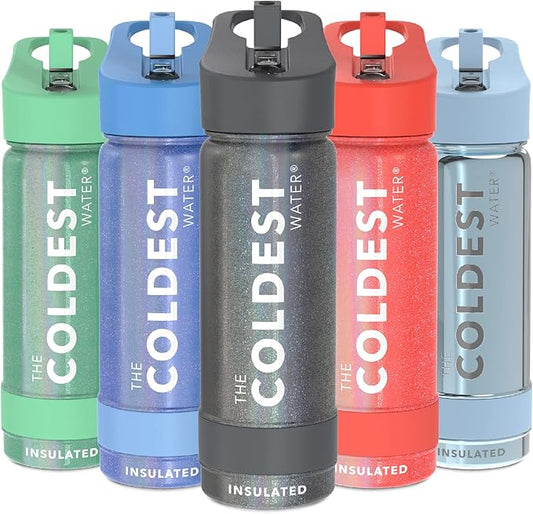 Coldest Sports Water Bottle - Straw Lid Bottle with Handle Leak Proof, Vacuum Insulated Stainless Steel, Double Walled, Thermo Mug, Metal | Stardust 18 oz