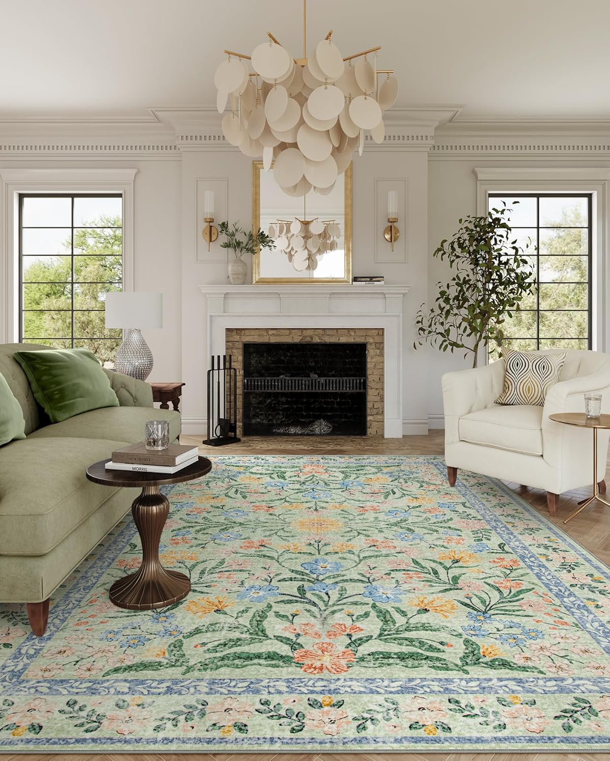 Wonnitar 10x14 Machine Washable Area Rugs, Green Floral Large Rugs for Living Room, Ultra-Thin Foldable Boho Flower Print Bedroom Carpet for Dorm Apartment Office