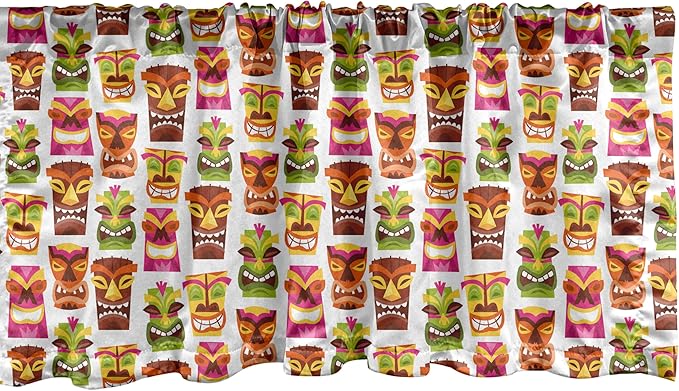 Ambesonne Tiki Bar Window Valance, Sixties Retro Inspired Hawaiian Party Happy Tiki Pattern Colorful, Curtain Valance for Kitchen Bedroom Decor with Rod Pocket, 42" x 12", Multicolor