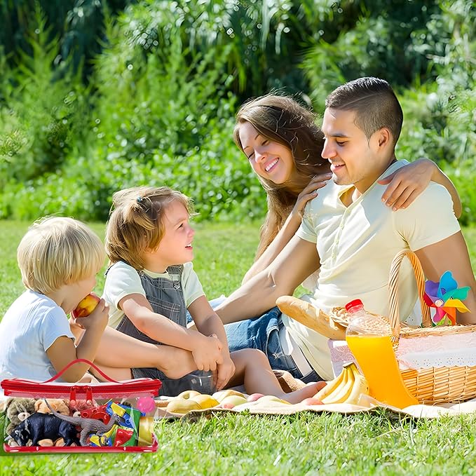 3 Packs Clear Toy Storage Bags- 9.4 x 6.7 x 4.3 Inch Transparent PVC Toy Organizing Bags with Zipper- Waterproof Toy Storage Organizer Pouch for Building Blocks, Small Toys (Red)