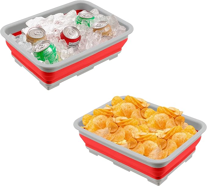 Set of 2 Multipurpose Wash Bins – 10-Liter Basins for Camping, Parties, or Cleaning – Collapsible Bucket Set by Wakeman (Red)