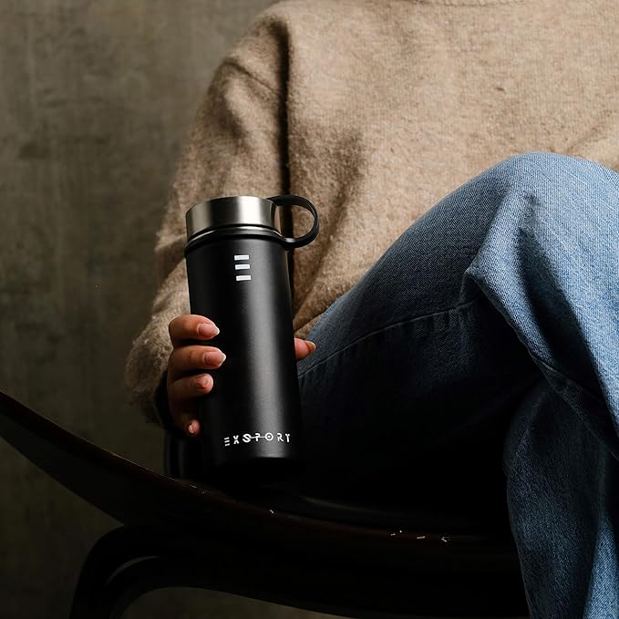 Stainless Steel Water Bottle - 18 Oz Water Bottle with Straw Lid, Coffee Lid, and Wide Mouth Lid - Double Insulated Water Bottle - Metal Water Bottle - Hot and Cold Insulated Thermos - (Black)