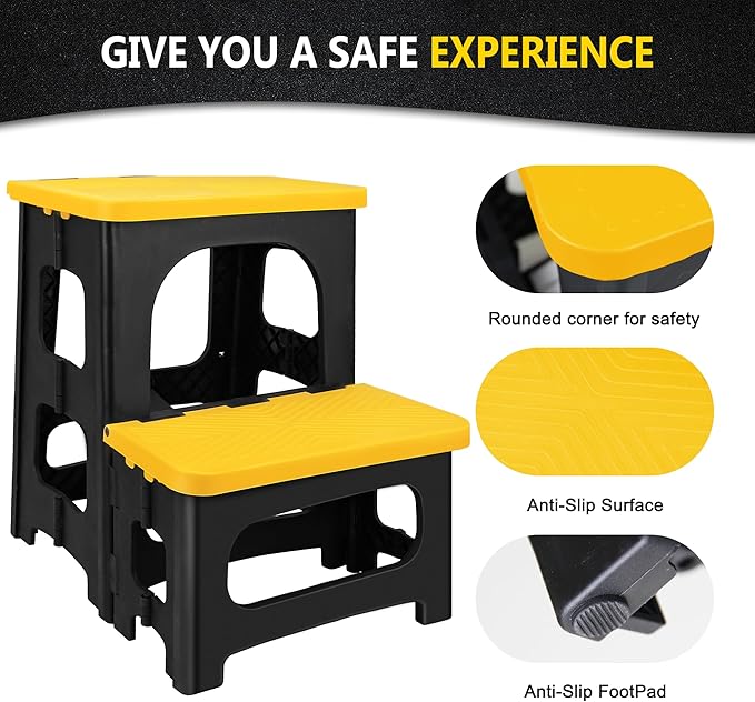 Folding 2-Step Stool, Non-Slip Portable Footstool 8" & 17" Dual Heights, Holds 300 lbs, Portable Footstool for Kitchen Home Toilet Bedroom Office Bathroom RV(Yellow)