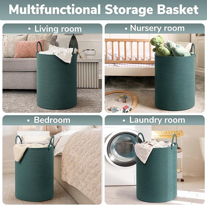 INDRESSME Large Laundry Basket Hamper for Clothes, Woven Rope Storage Basket Baby Hamper for Nursery, Blanket Basket Living Room, Tall Basket Toys Storage Toys Bin, 19.7 x 13.8 inches, Green
