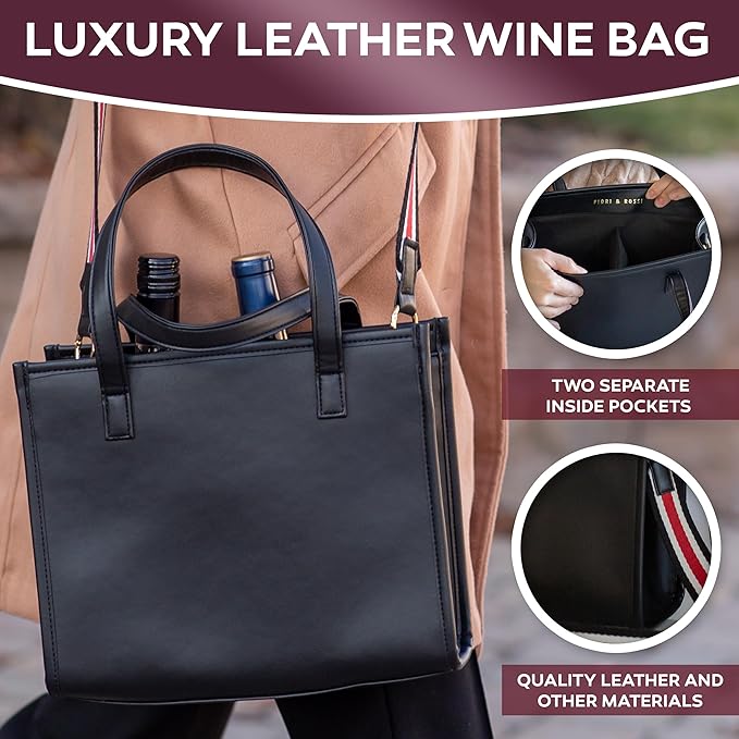FIORI & ROSSI PU Leather Wine Bottle Carrier Bag - Insulated Wine Bag to Store & Carry up to 3 Bottles for Travel, Picnics & Parties - Wine Tote Bag Buckle & Zipper Closure Sleeve Dividers - Black