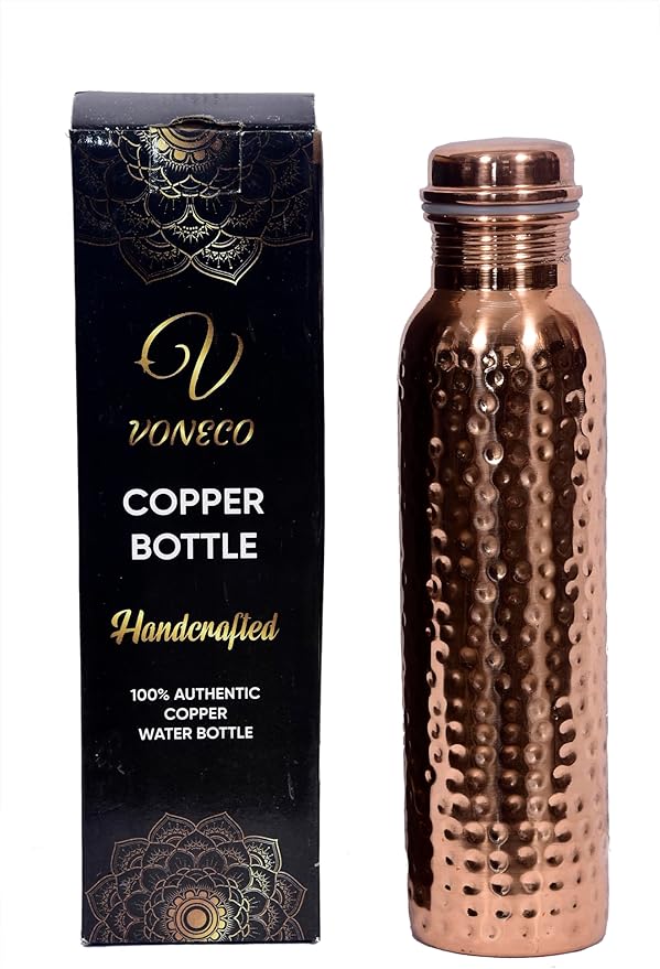 Copper Bottle For Drinking Water 33 Oz Ayurvedic Leak Proof lid Hammered Design Durable Lightweight Hand Washable Vessel Clean Cool Water Natural Minerals Boost Energy Safe Water Utensil