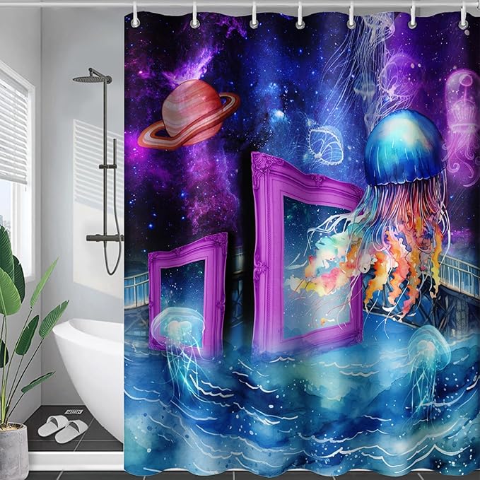 AILONEN Colorful Jellyfish Shower Curtains,Purple Galaxy Bath Curtains,Planet Jellyfish Curtains for Kids Boys Girls,Polyester Waterproof for Bathroom with 12 Hooks,72" W*96" H Purple