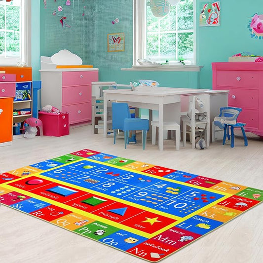 Baby Play Mat Kids Rug for Playroom, ABC Alphabet Numbers and Shapes Educational Learning Mat for Classroom, Soft Game Play Area Rug Carpet for Toddler Boys Girls Childern Nursery Room, 5x7 Ft
