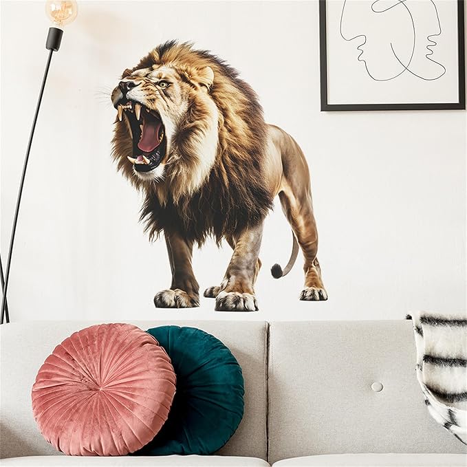 Lion Wall Decals, Vinyl Removable 3D Stickers for Bedroom Nursery Decor - Peel and Stick Cute Baby Girl Boy Toddler Kids Room Art Decoration, Woodland Forest Safari Jungle Mural Waterproof