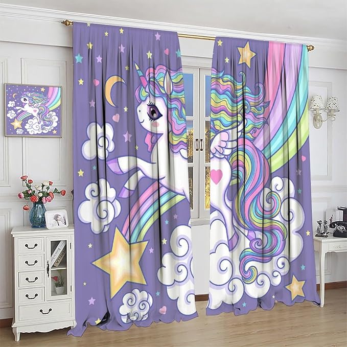 Kids Unicorn Curtains Purple Cartoon Rainbow Cartoon Room Blackout Curtains Boys Girls Baby Room Decor Curtains Living Room Decor 42x45 Inch 2 Panels