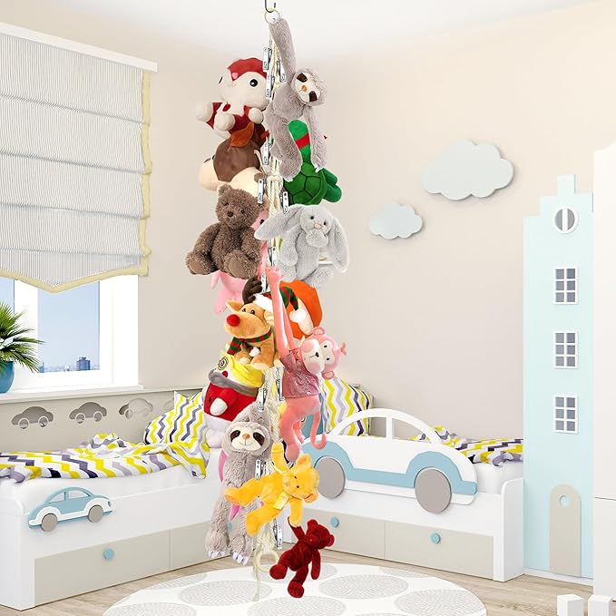 Stuffed Animal Storage Hammock Corner - Hanging Stuffed Animal Holder with 20 PCS Metal Clips, Boho Stuffed Animal Organizer Chain for Hanging Hats Socks Holiday Cards (1pc Beige)
