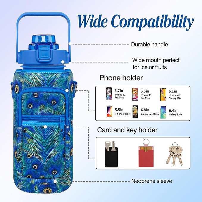 Peacock Half Gallon Water Bottle with Sleeve Water Bottle 64 Oz Water Bottle with Time Marker, Leakproof-Free Drinking Water Bottle, Sports Water Bottle Peacock Feather Half Gallon Water Jugs