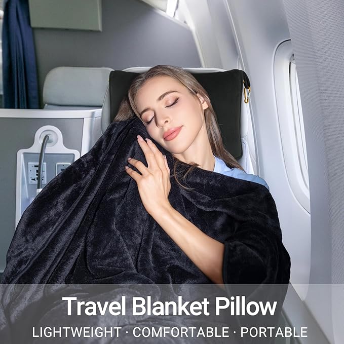 3 in 1 Travel Pillow and Blanket Set, Premium Soft 300 GSM Thick Airplane Blanket Compact with Bag for Long Trips Essentials, Hand Luggage Sleeve and Backpack Clip (Black)