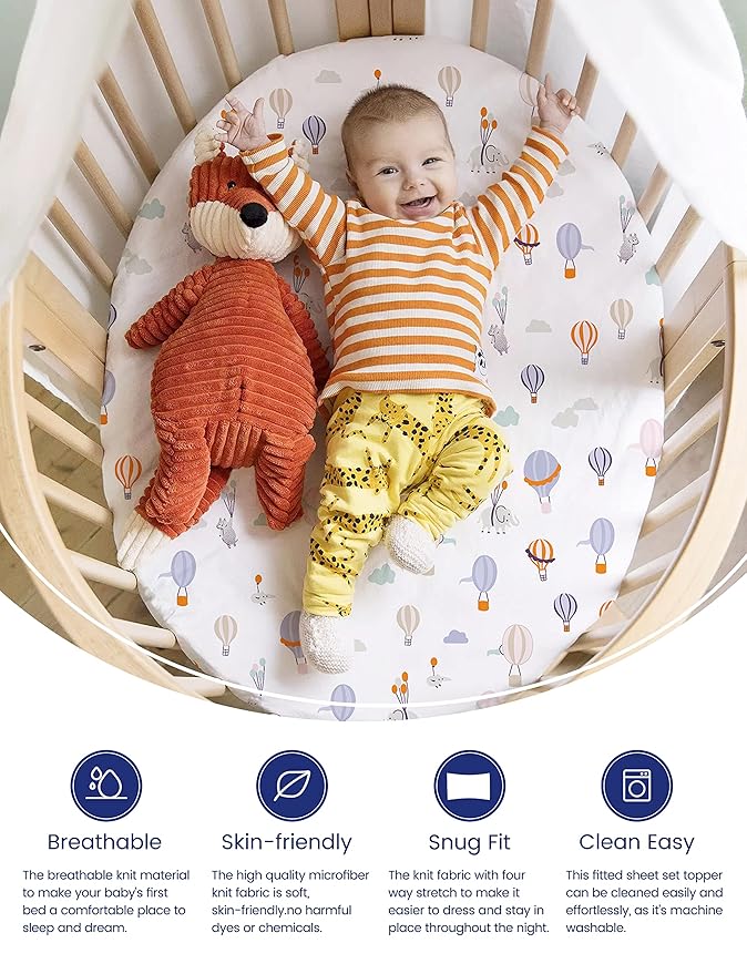 TotAha Premium Stretchy Bassinet Cradle Sheets (2-Pack) -Hypoallergenic, Silky Comfort, Buttery Soft, Calming Effect, All-Season Jersey-Knit Sheets, 32 X 16 X 3''(Air Balloon & Sailboat)