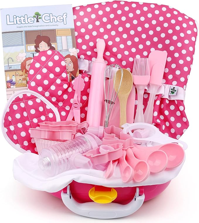 Kids Cooking and Baking Supplies Set 38 Pcs Includes Apron Hat Mitt and Decorating Supplies Dress Up Chef Costume Role Play Gifts for 3 4 5 6 7 8 Year Old Girls Boys