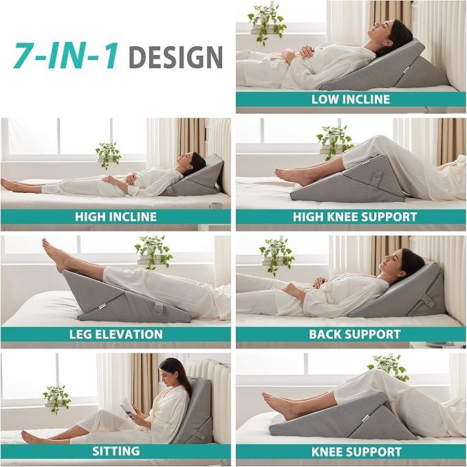 Wedge Pillow for Sleeping, Adjustable 9&12 Inch Foldable Bed Wedge Pillow Set, Orthopedic Memory Foam Triangle Pillow Wedge, 7-in-1 Elevated Pillows for Leg and Back Support, Grey