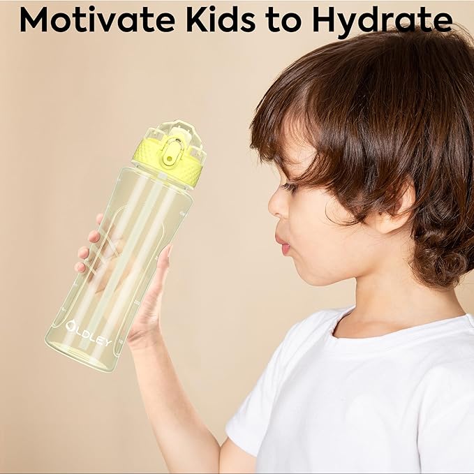 OLDLEY Kids Water Bottle with Straw 15 oz BPA-Free Leak-Proof Motivational Water Bottles with Time Marker for School Sports Travel Gym, Easy to Use for Girls Goys, 1 Straw Lid, Transparent-yellow