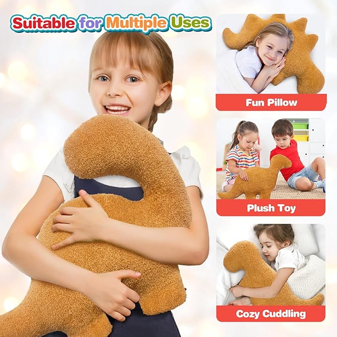 Dino Nuggets Pillow, Dinosaur Chicken Nuggets Plush Funny Gifts for Teen Boys Girls, Fun Throw Pillows Cute Room Decor for Teens Dinosaur Gifts (Large, Brontosaurus Style 2)