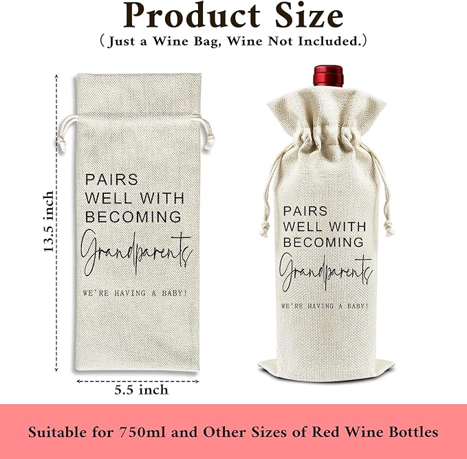 Pairs Well with Becoming Grandparents - Gifts for New Grandpa Grandma Wine Bags, 1 PC Reusable Drawstring Burlap Wine Bottle Bags, Baby Announcement Gifts for Mom Dad, Wine Accessories -10