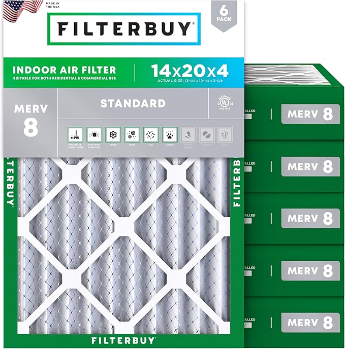 Filterbuy 14x20x4 Air Filter MERV 8 Dust Defense (6-Pack), Pleated HVAC AC Furnace Air Filters Replacement (Actual Size: 13.50 x 19.50 x 3.63 Inches)