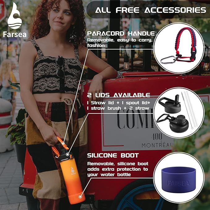 Farsea Insulated Water Bottle With Paracord Handle, Protective Silicone Boot and 2 Lids (Straw Lid & Spout Lid), Stainless Steel Water Bottle Wide Mouth, Double Wall Sweat-Proof BPA-Free, 24 oz