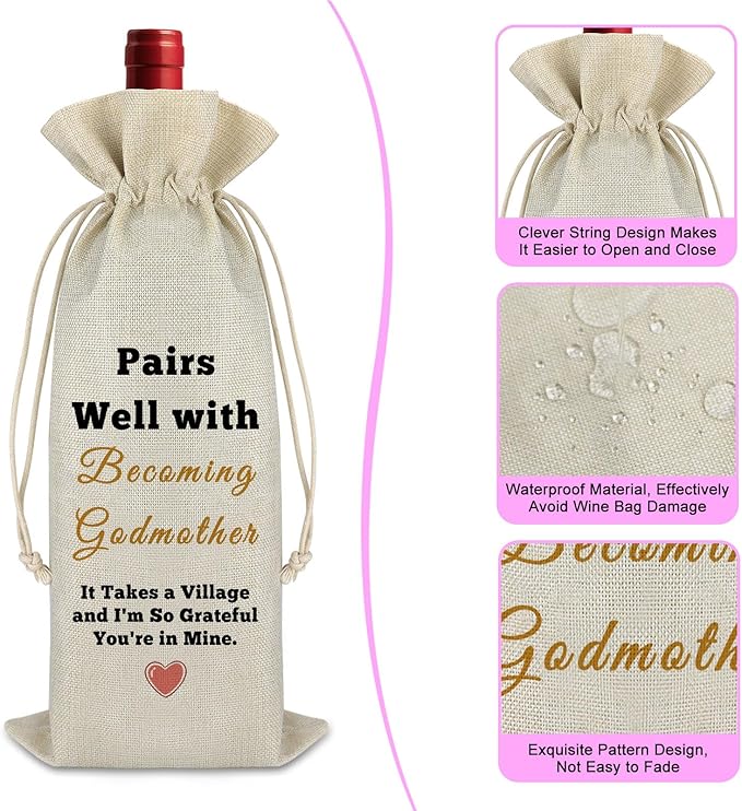Gift for Godmother Baby Reveal Gift for Godmother Wine Bag Godparents Godmother Gift from Godchild Baptism Gift for Godmother Mother’s Day Christmas Gift for Godmother Reusable Wine Bottle Cover
