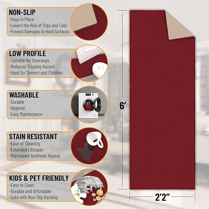 Machine Washable Modern Solid Design Non-Slip Rubberback 2x6 Traditional Runner Rug for Hallway, Kitchen, Bedroom, Living Room, 2'2" x 6', Red