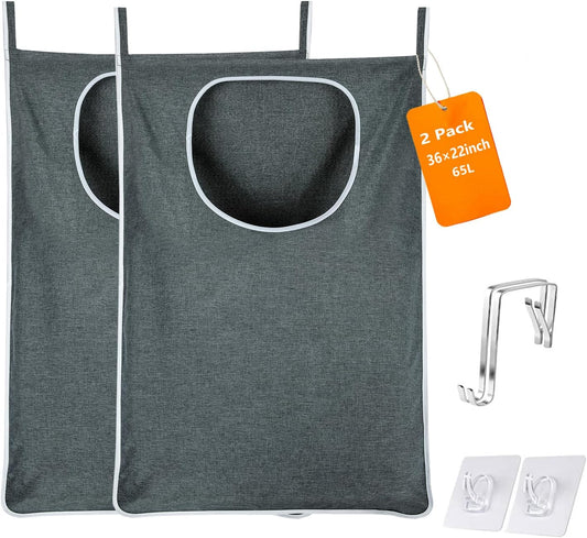 Hanging Laundry Bag with Over Door Hooks, Laundry Hamper and Space Saving Laundry Bag with Zipper, Hanging Hamper for Clothes, Toys, Towels, ...（36"x 22",Grey-2Pack)