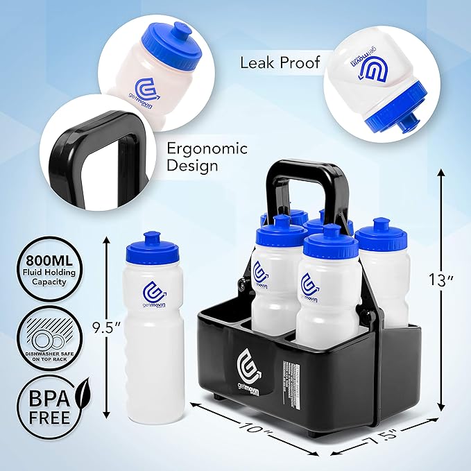 Premium Hydration Station Includes 6 Ergonomic Squeeze Water Bottles Black And 1 Water Bottle Carrier (Blue)