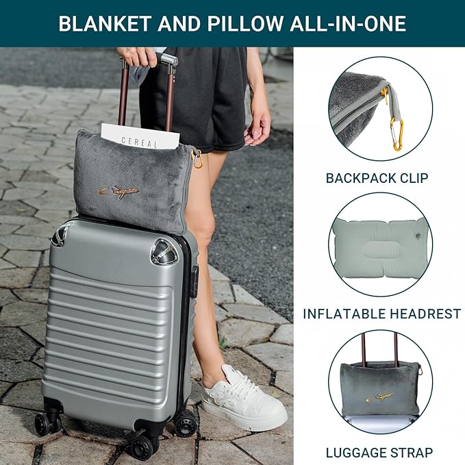 Travel Blanket Pillow- Premium Soft 300 GSM Thick 3 in 1 Airplane Blanket for Long Trips Essentials with Bag Pillowcase, Hand Luggage Sleeve and Backpack Clip (Grey)