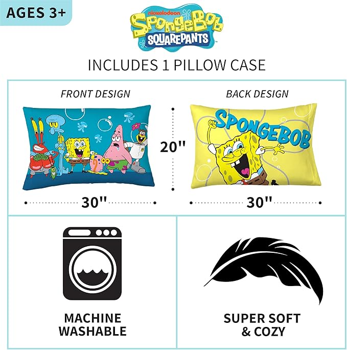 Franco Spongebob Kids Bedding Super Soft Plush Cuddle Pillow Buddy, One Size Kids Bedding Super Soft Microfiber Reversible Pillowcase, 20 in x 30 in, Spongebob Squarepants