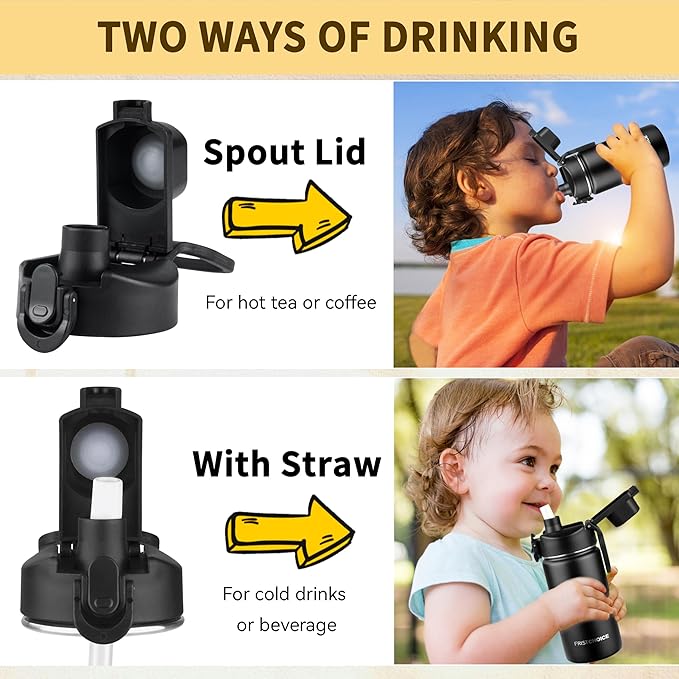 Kids Insulated Water Bottle with Straw,14oz Stainless Steel Water Bottle,BPA-free and Leak-proof,Double Wall Vacuum Water Flask for School,Gifts for Boys and Girls（14oz,Black）