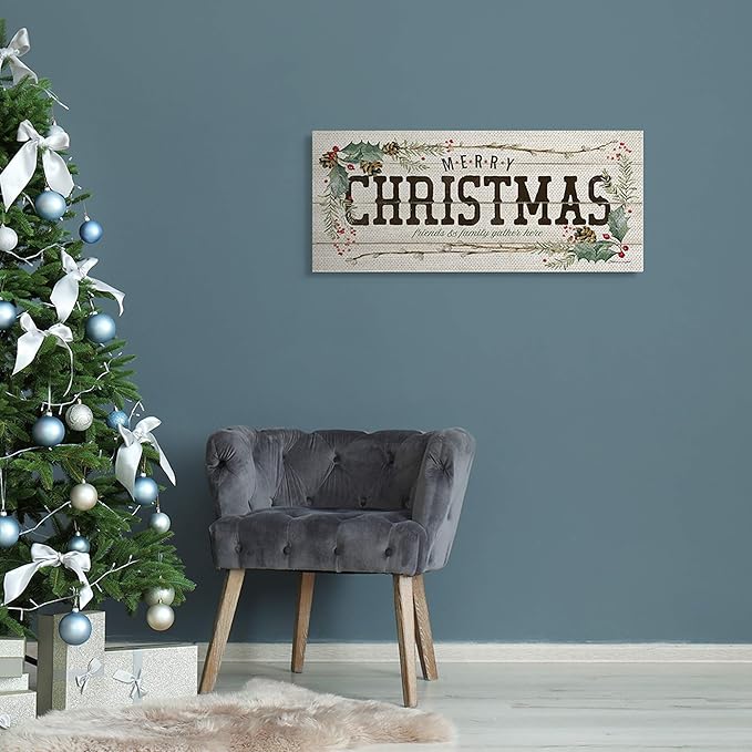 Stupell Industries Rustic Merry Christmas Friends and Family Sign, Designed by Stephanie Workman Marrott Canvas Wall Art, 13x30, Beige