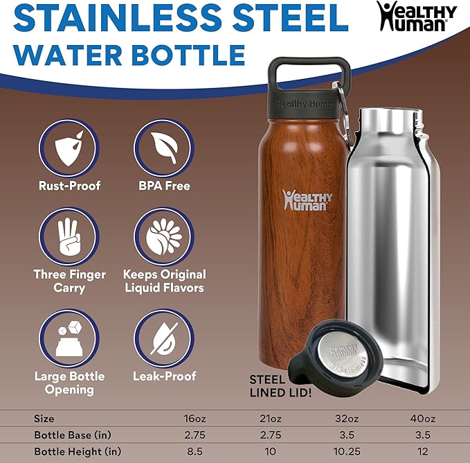 Healthy Human Stainless Steel Water Bottle | Double Walled Vacuum Insulated Water Thermos for Adults | Eco-Friendly Travel Bottles with Leak Proof Lid (Harvest Maple,16oz/473ML)
