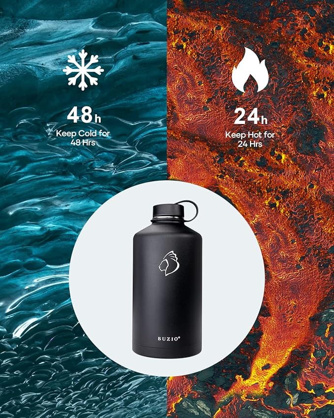 BUZIO 1 Gallon Water Jug with Straw Handle Lid, 128oz Water Bottle Stainless Steel Double Wall Hydro Jug 18/8 Food Grade Thermo Mug Keep Cold 48H & Hot 24H, Black